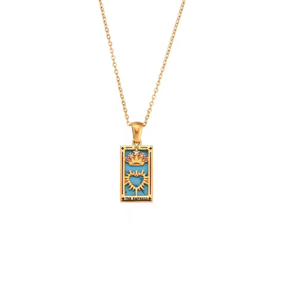 The Empress - Tarot Card 18k | Silver Dainty Necklace with Blue Enamel🔥